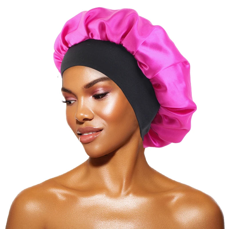 Bonnets solides en Satin pour femmes, Bonnet de bain à larges bords pour dormir la nuit, unisexe, bandeau élastique, Bonnet de soins capillaires