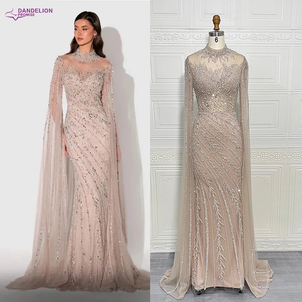 Robes de soirée de luxe sirène à manches cape perlées et col montant, collection 2025 à Dubaï, pour femmes, mariages et autres occasions spéciales