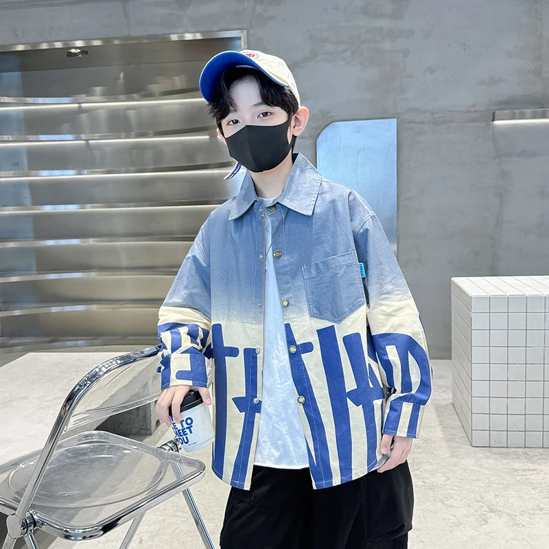 Chemise en jean dégradée à manches longues pour garçon, manches longues, avec inscription, bleu et orange, style décontracté, vêtements pour enfants