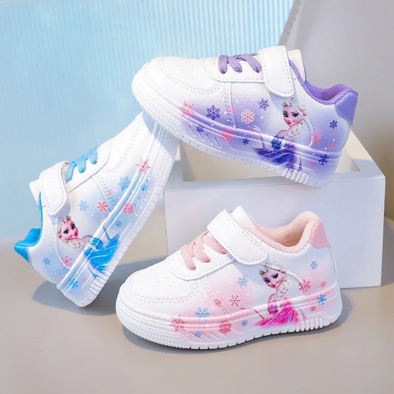 Chaussures blanches Disney pour filles, en cuir PU, motif princesse Elsa de La Reine des Neiges, chaussures de sport plates imperméables pour bébé fille, pointure