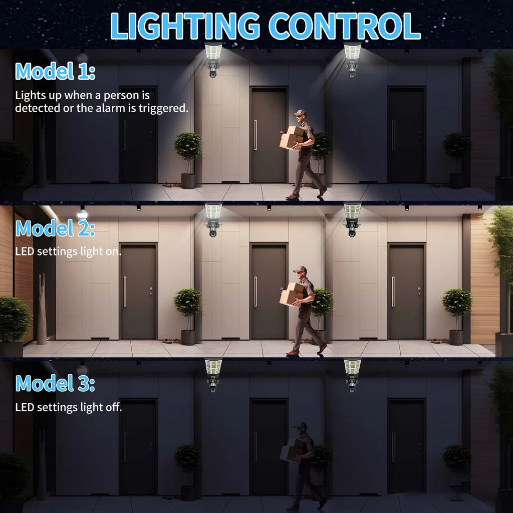 Caméra solaire capteur réverbère LED 3 Modes d'éclairage trois objectifs 4G 15MP caméras de Surveillance extérieure IP66 étanche télécommande
