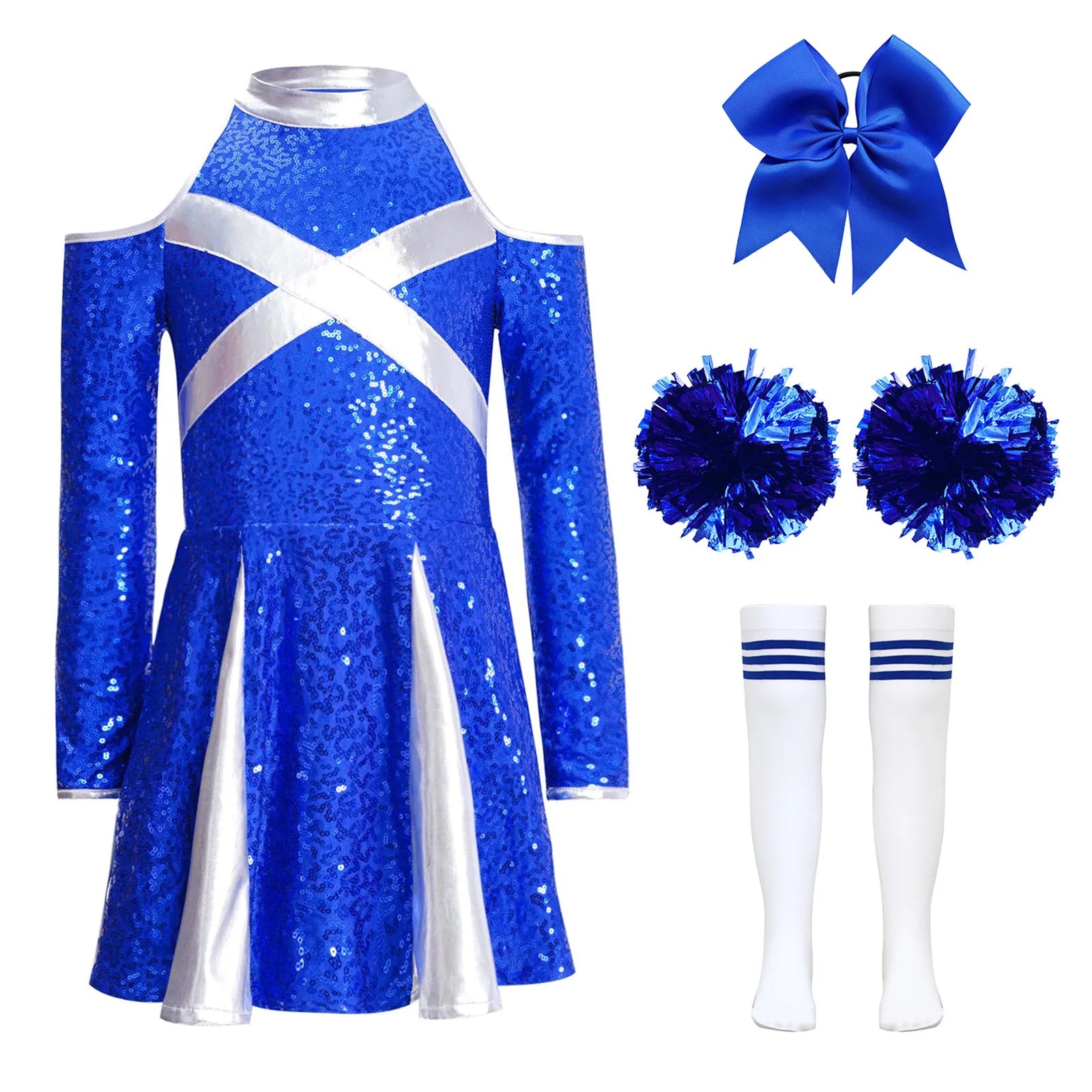 Uniformes de pom-pom girl pour enfants filles, 4 pièces, tenue de danse à l'école, paillettes brillantes, robe à épaules dénudées, déguisement de pom-pom girl de carnaval