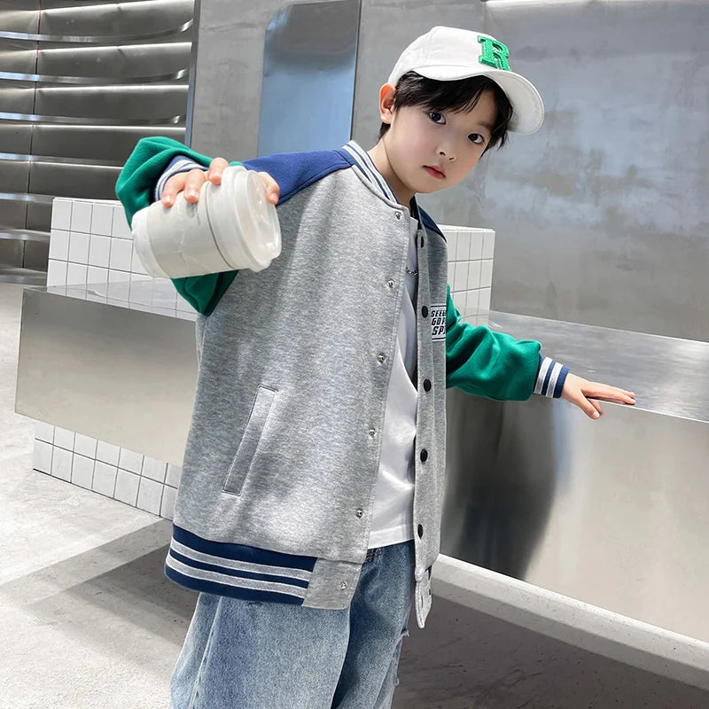Veste de baseball tendance automne 2025 pour garçons, col rond, style sportif, tailles 5, 7, 9, 11, 13 et 14 ans