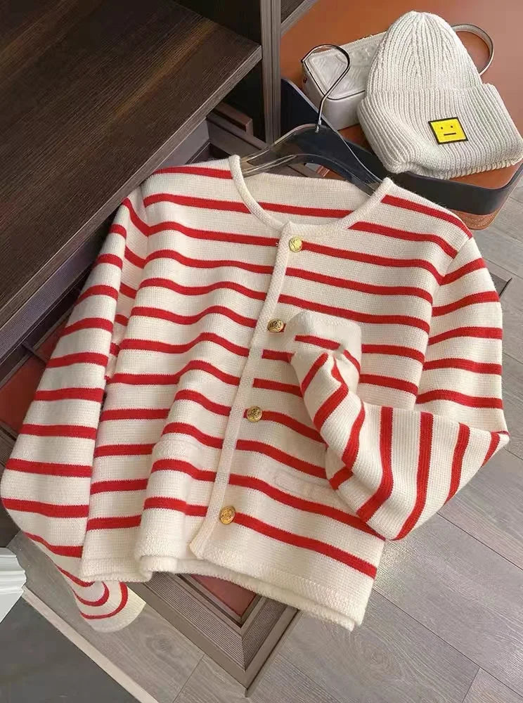 AOSSVIAO – Cardigan tricoté à rayures et col rond pour femme, pull à manches longues, décontracté, court, Style coréen, nouvelle collection printemps-automne 2025