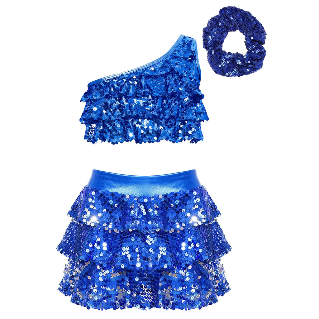 Costume de danse Jazz latine à paillettes brillantes pour enfants filles, tenue de fête, spectacle sur scène, deux pièces, vêtements de danse pour enfants
