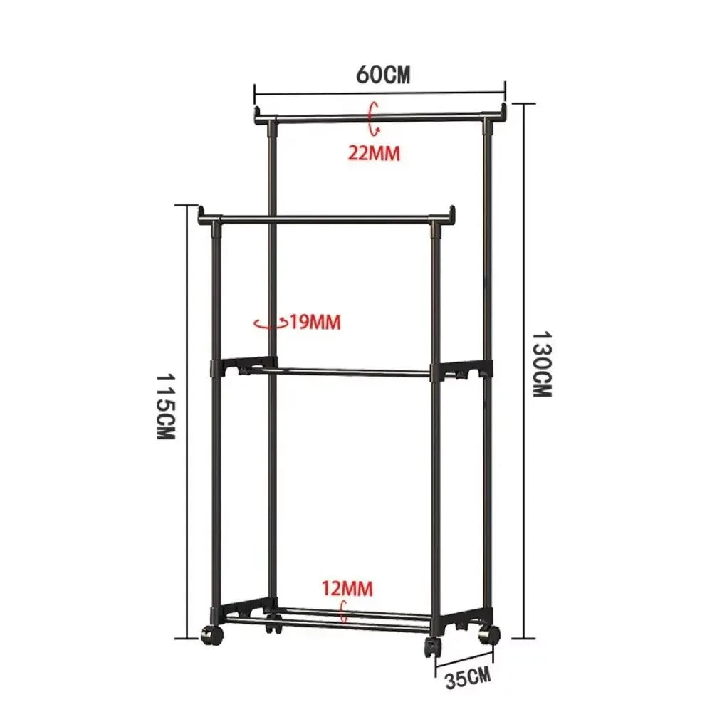 Portant à vêtements double barre avec crochets, organisateur de vêtements suspendus pour chambre à coucher, cintre mobile à roulettes