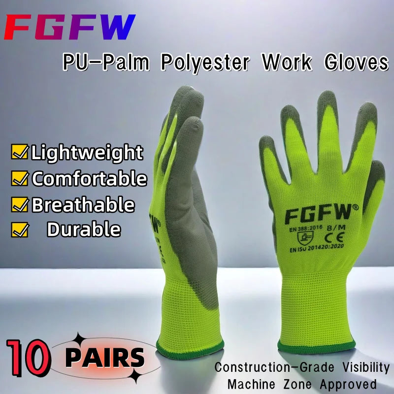 10 paires de gants de travail enduits de PU - Gants de sécurité légers et résistants, certifiés EN 388/ISO 20471, tailles S/M/L/XL