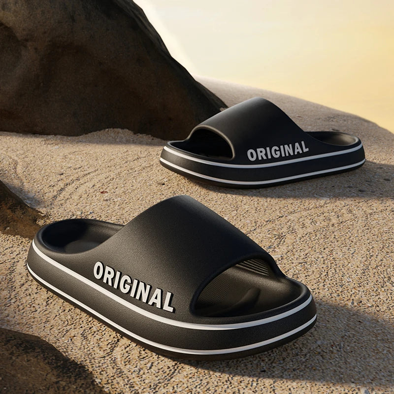 Feslishoet Pantoufles à lettres pour femmes, claquettes de plage, couleur unie, chaussures antidérapantes à semelle épaisse pour hommes, sandales d'été pour couples