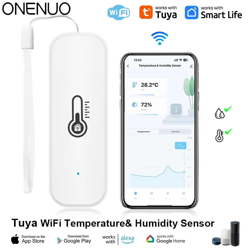 Capteur d'humidité et de température Tuya WiFi, blanc, pour maison connectée, alimenté par batterie, compatible avec une application et fonctionnant sous Alexa ou Google Assistant