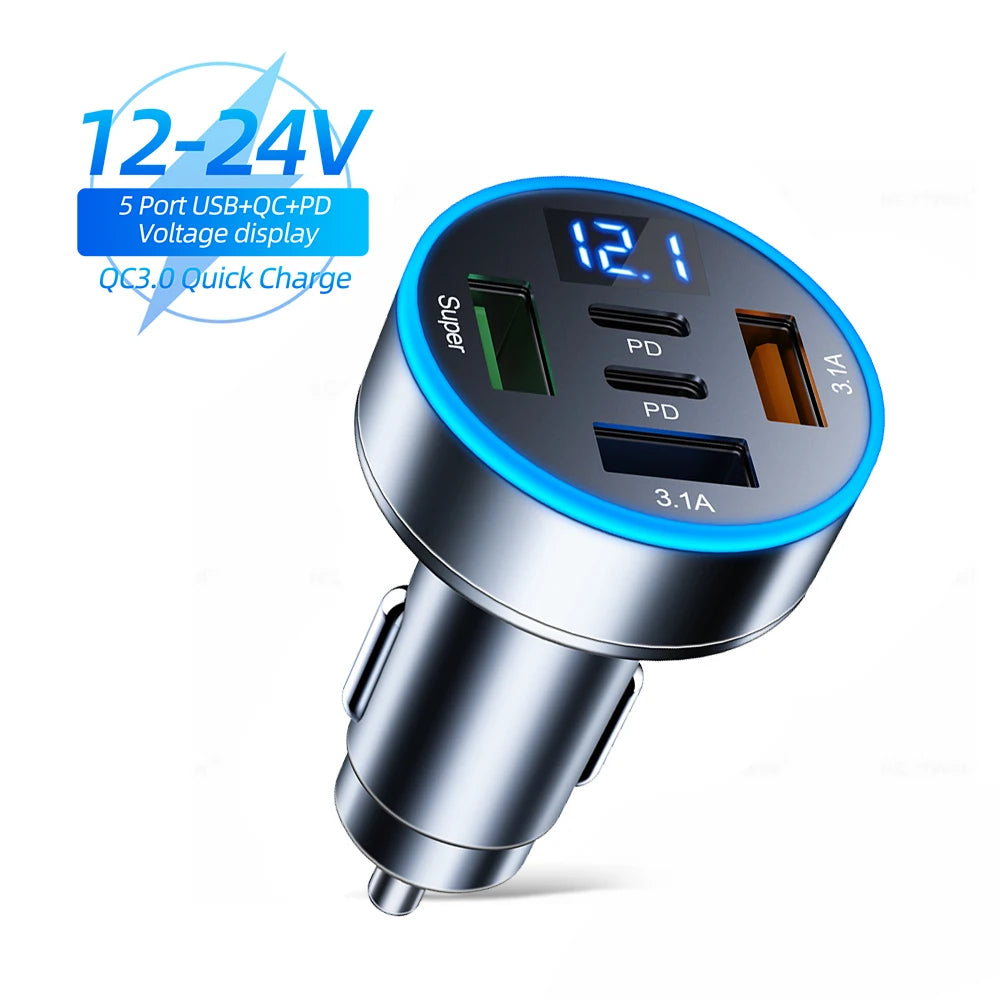 Chargeur de voiture 250 W à 5 ports, charge rapide PD QC3.0, adaptateur secteur USB-C pour iPhone, Samsung, Huawei et Xiaomi. Compatible avec les tensions indiquées