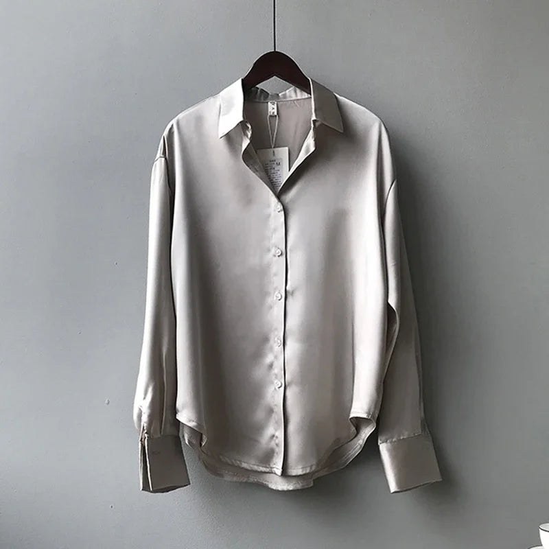 Chemise en Satin pour femmes, élégante, ample, col rabattu, chemisier pour dames, Vintage, décontracté, boutons, hauts en soie, printemps, automne