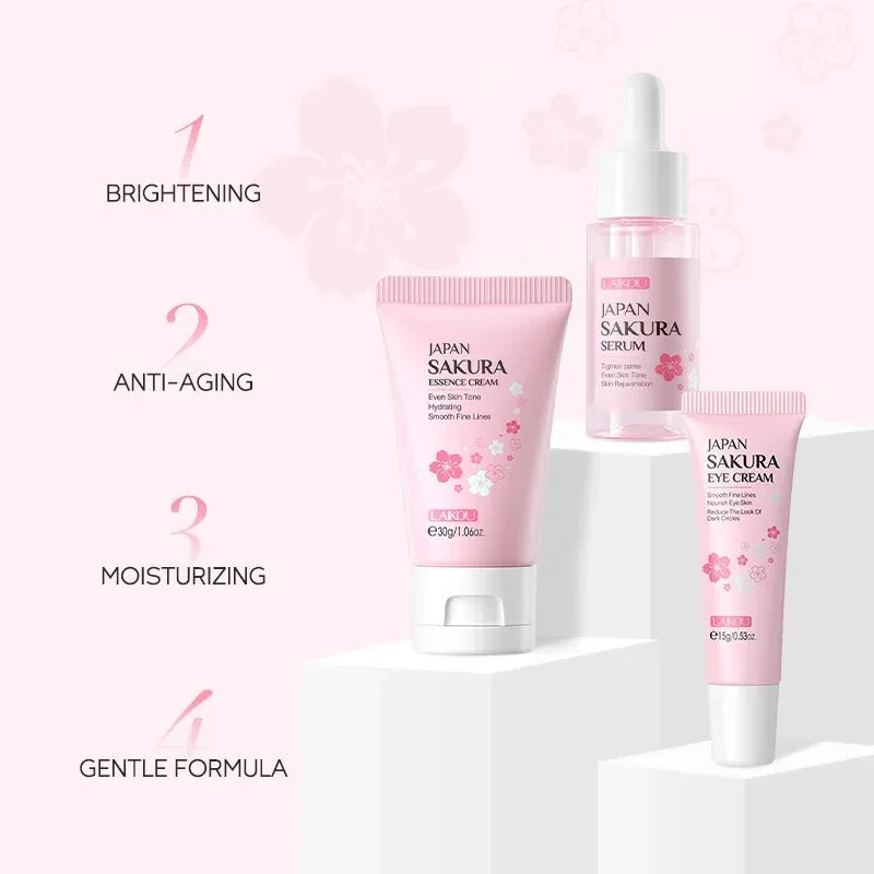 3pcs/set LAIKOU Ensemble de soins de la peau Vitamin C Sakura Essence d’escargot Sérum & Crème pour les yeux et le visage Hydratant Taille de voyage Ensemble de soins de la peau