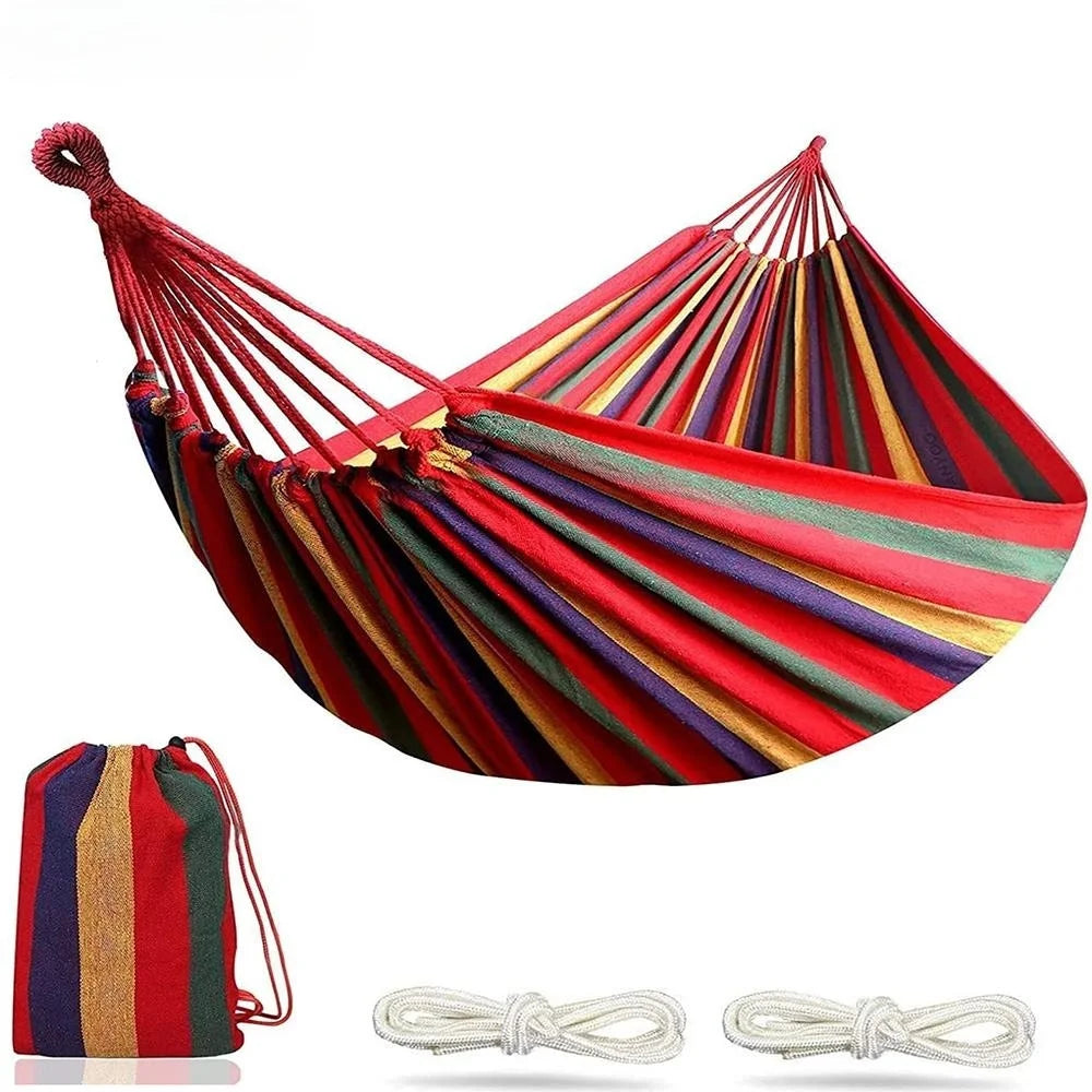 Hamac double pour 2 personnes en toile de coton avec sangles pour arbres, pour terrasse, jardin, cour, extérieur et intérieur (rouge, bleu)
