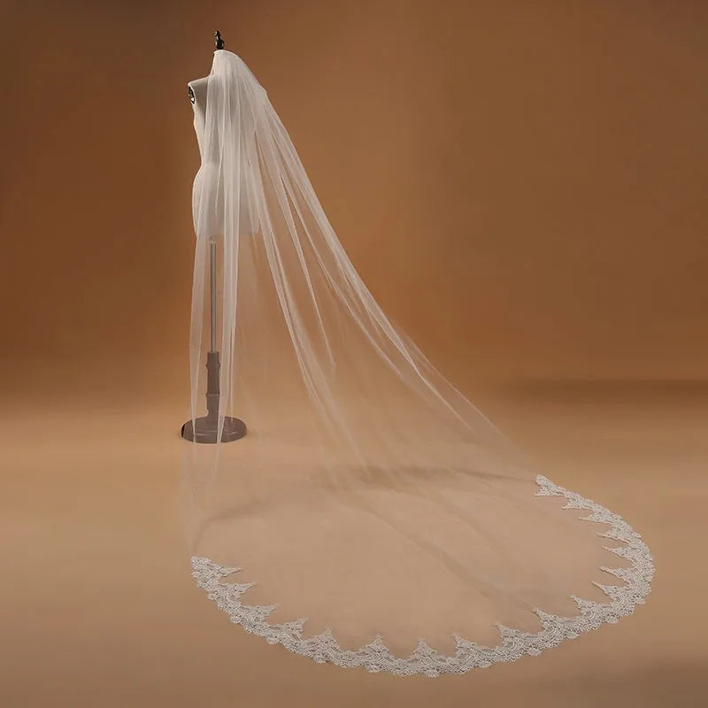 Voile de mariée 3M une couche bordée de dentelle blanc ivoire style cathédrale, long voile de mariée, accessoires de mariage pas chers