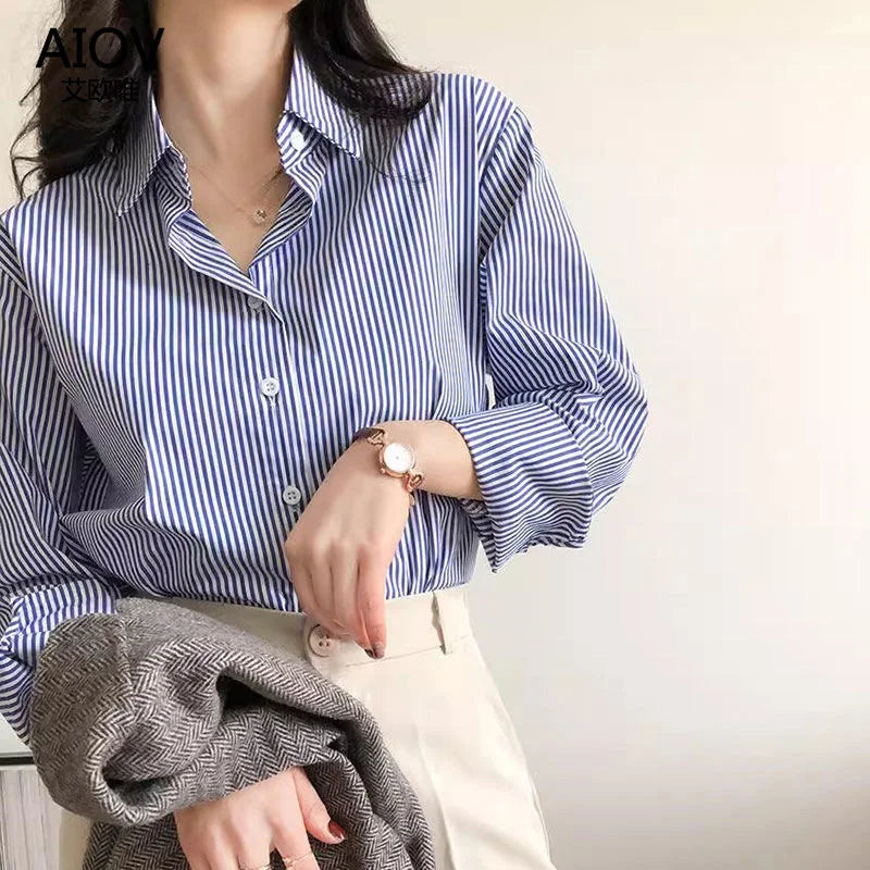 Classique Rayé Femme Printemps Automne Blouses Chemise Dame Longue Lanterne Manches Col Montant Lâche Haut Blouse