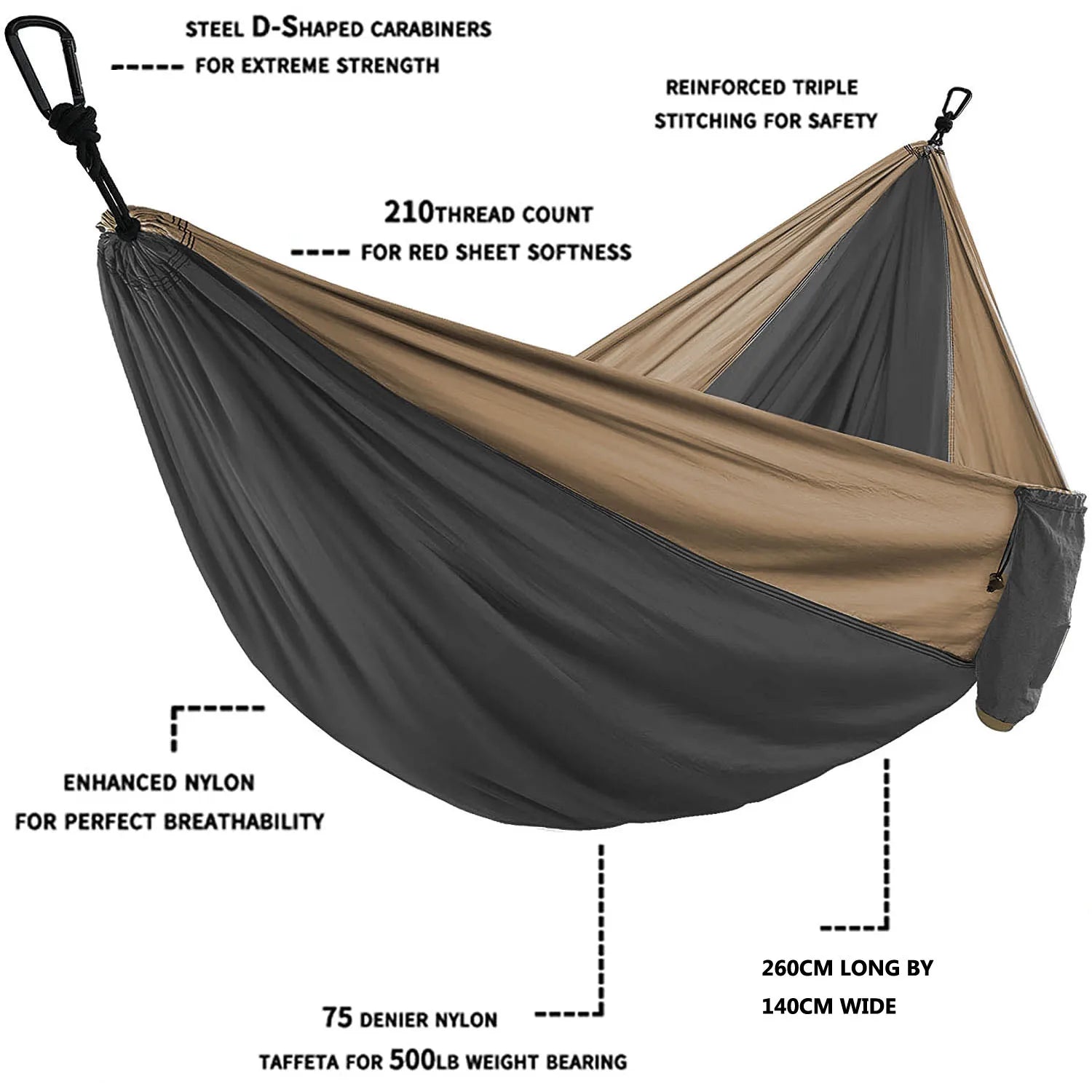 Hamac parachute uni avec sangles et mousqueton noir - Idéal pour le camping, la survie et les voyages - Mobilier d'extérieur deux places