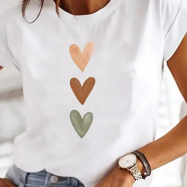 Nouveauté : T-shirt d'été femme imprimé cœur Y2K, col rond, style années 90, vêtements décontractés