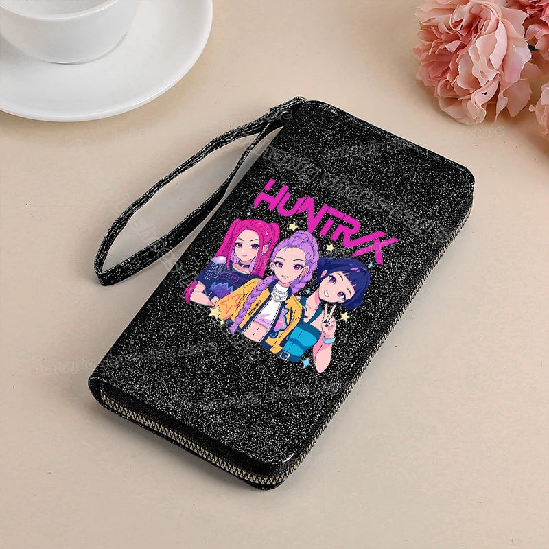 Portefeuille long KPop Demon Hunters pour femmes, à paillettes et fermeture éclair, en cuir PU, porte-monnaie, porte-cartes d'identité, pochette pour femme
