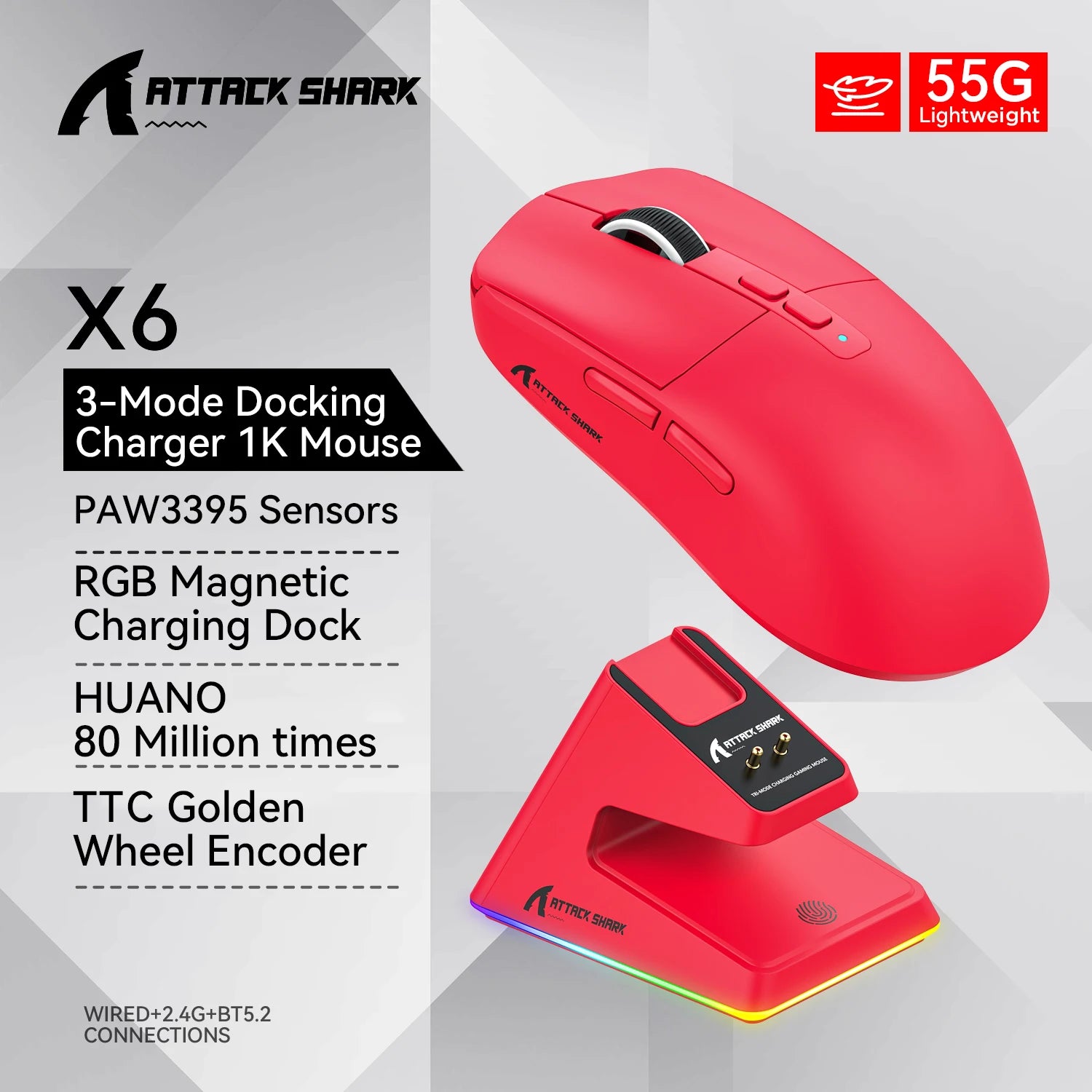 X6 Attack Shark Lightweight Wireless Mouse Up To 26K DPI RGB Backlight Charging Base with Wireless 3 Mode  for Laptop Deskbtop