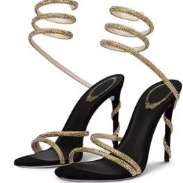 Sandales femme à talons hauts avec brides spirales dorées – Élégance soirée