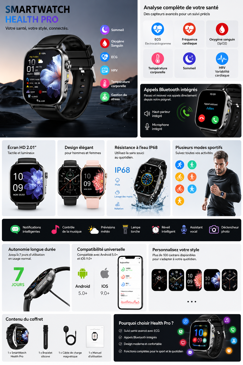 SmartWatch Health Pro – Montre Connectée Santé ECG & Bluetooth