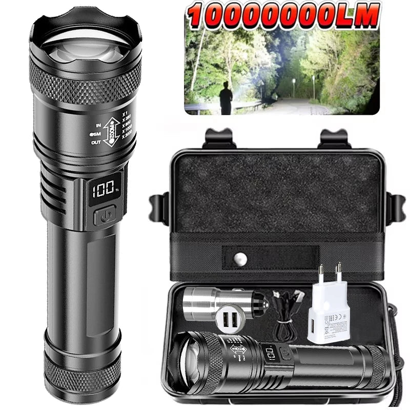 Lampe de poche LED puissante avec affichage de batterie, Rechargeable par USB, Zoom télescopique, torche, lanterne pour Camping en plein air, pêche, 9900lm