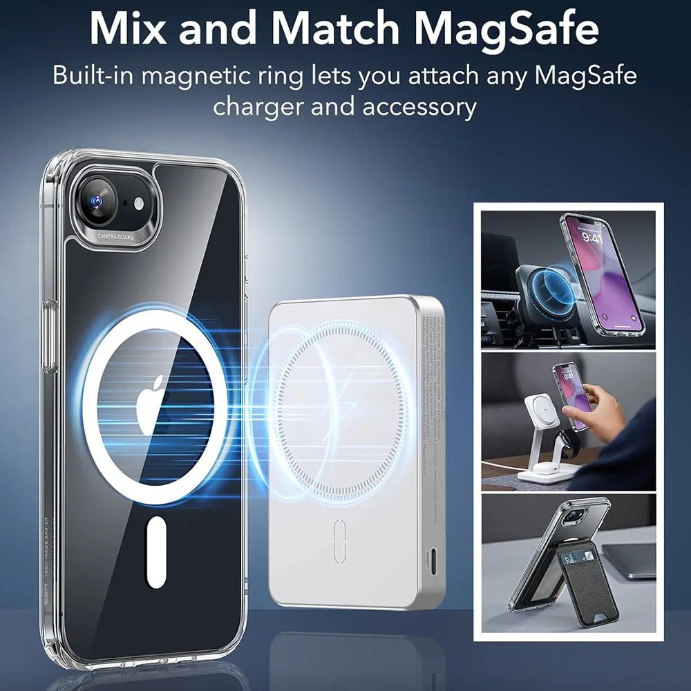 Coque magnétique MagSafe résistante pour iPhone 16e, 16, 15, 14, 13, 12, 11 Pro Max Plus, Mini - Coque arrière hybride rigide en silicone transparent