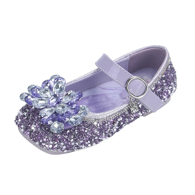 Chaussures décontractées pour enfants Elsa Princesse La Reine des Neiges en cuir PU à paillettes et cristaux, semelle souple antidérapante, violet et bleu, pointures 23 à 34