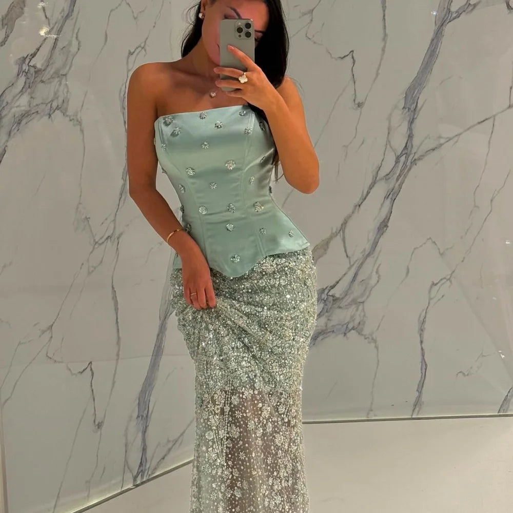 Robe de soirée sirène verte à perles Bella Customize, sans bretelles, sans manches, bustier, robe de bal longue ornée de perles, robe de mariée 2025