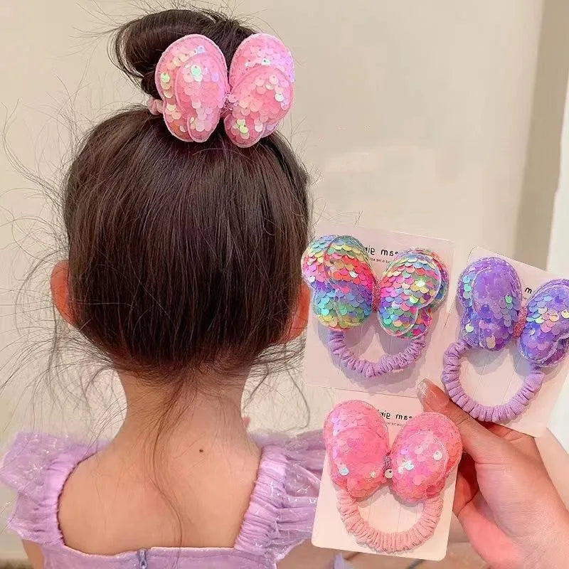 Clearance_3PCS Paillettes Corde À Cheveux Enfants Chouchous Grand Papillon Cravate Haute Queue De Cheval Tresse Fille Élastique Chapeaux Accès Aux Cheveux