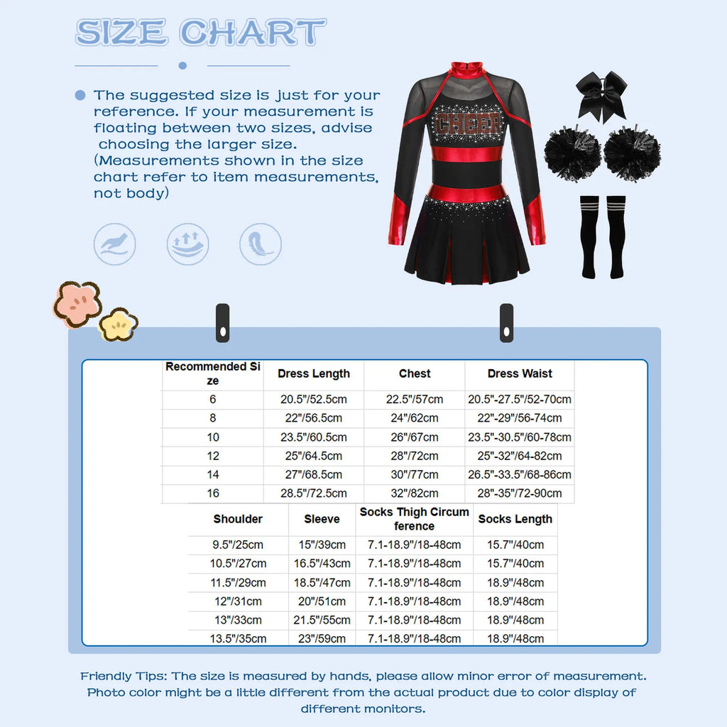 Uniformes de pom-pom girl pour enfants filles, 4 pièces, tenue de danse à l'école, paillettes brillantes, robe à épaules dénudées, déguisement de pom-pom girl de carnaval