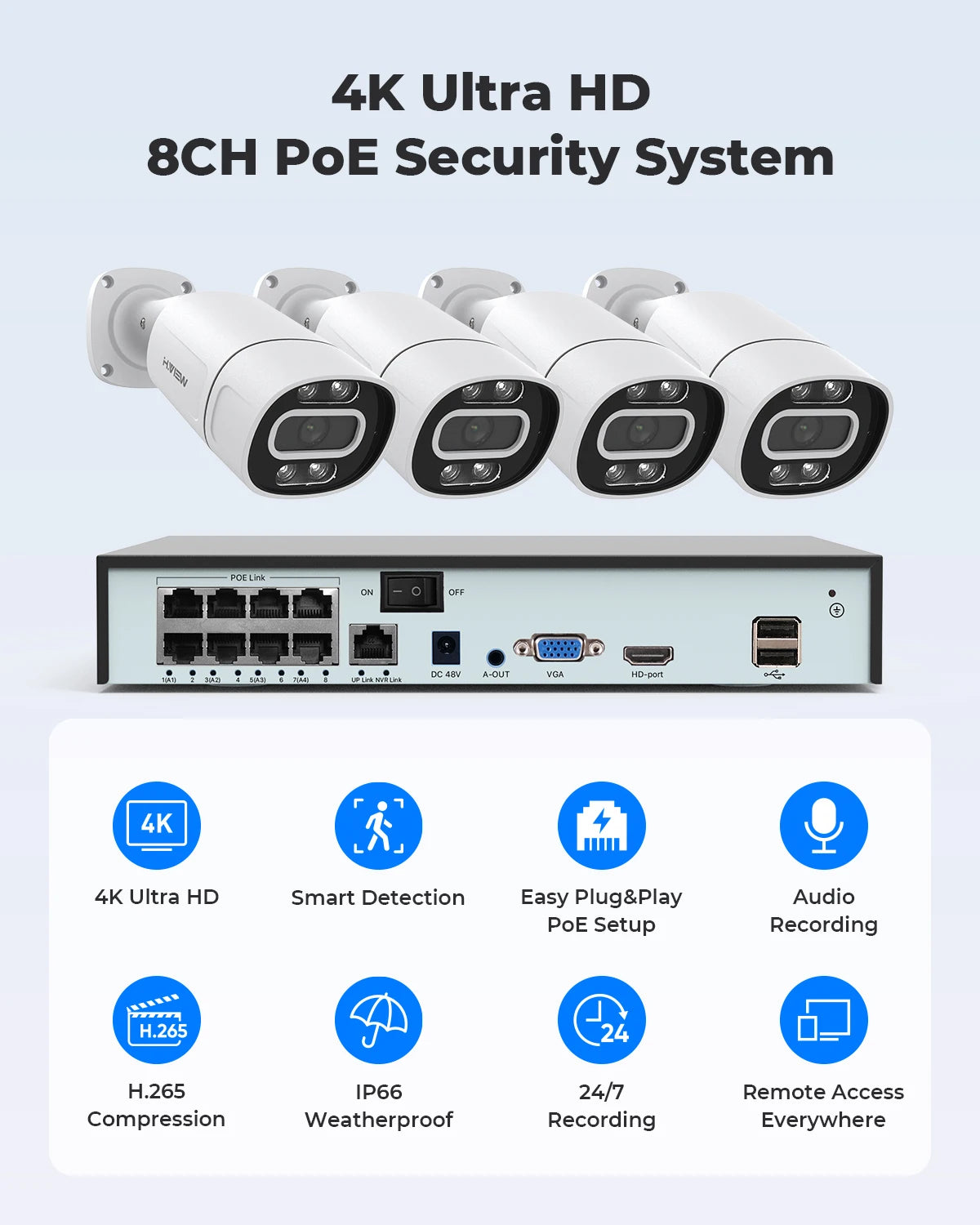 H.View 4K 5Mp 8Mp poe système de caméra de sécurité Cctv Kit de vidéosurveillance à domicile 8Ch Nvr Audio caméra Ip extérieure xmeye app