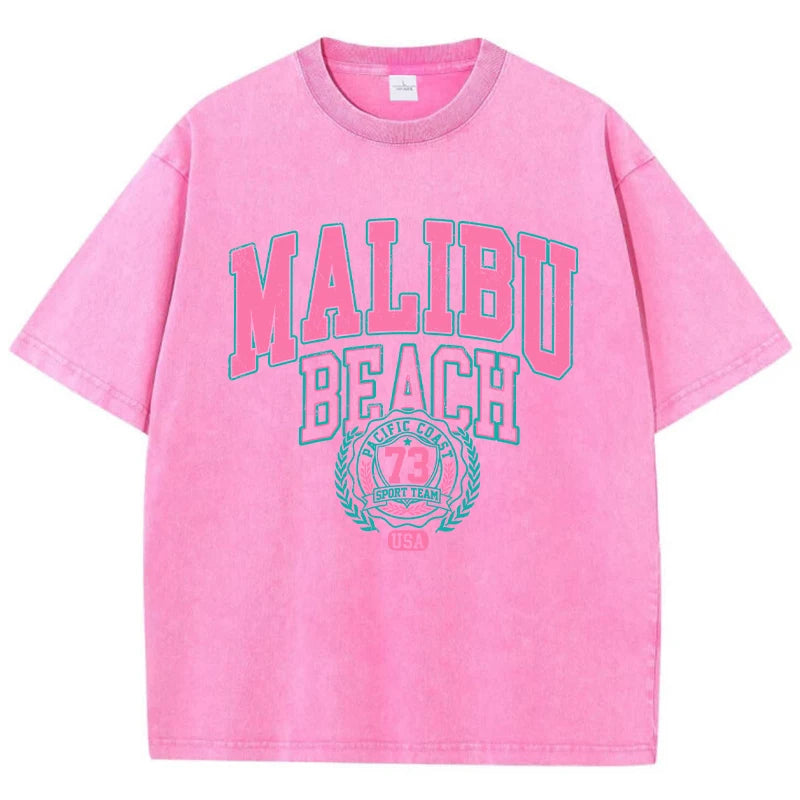 Malibu Beach T-Shirt lavé femmes lettre impression coton T-Shirt confortable col rond hauts décontracté surdimensionné t-shirts vêtements féminins
