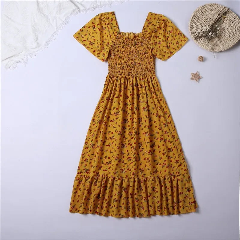 Printemps été robe en mousseline de soie femmes robes mi-longues femme manches courtes taille élastique imprimé fleuri plissé dos nu tenue décontractée