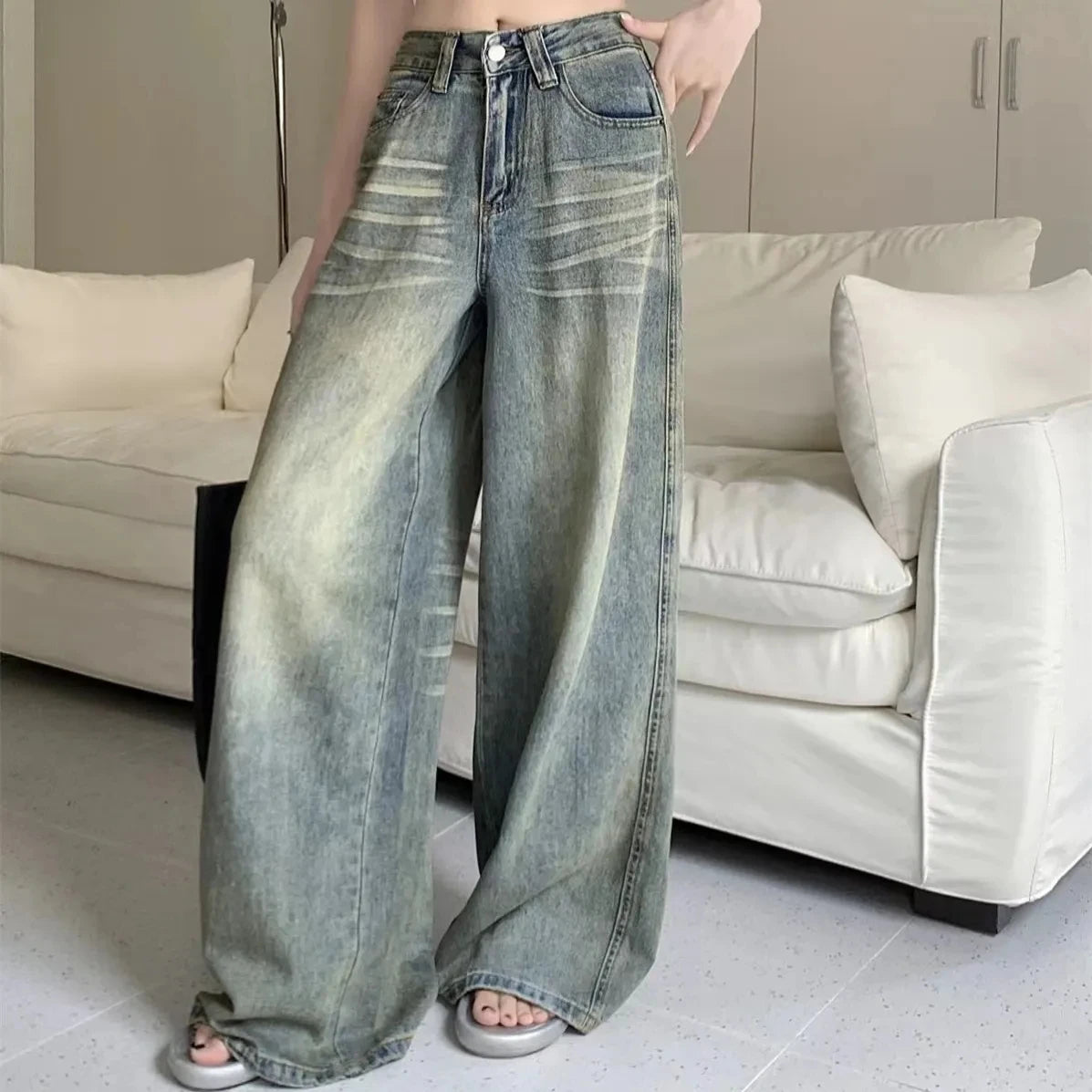 Y2K ample jambe droite jean femme pantalon Baggy coupe large décontracté taille haute rétro lavé Style Vintage jean femme jean