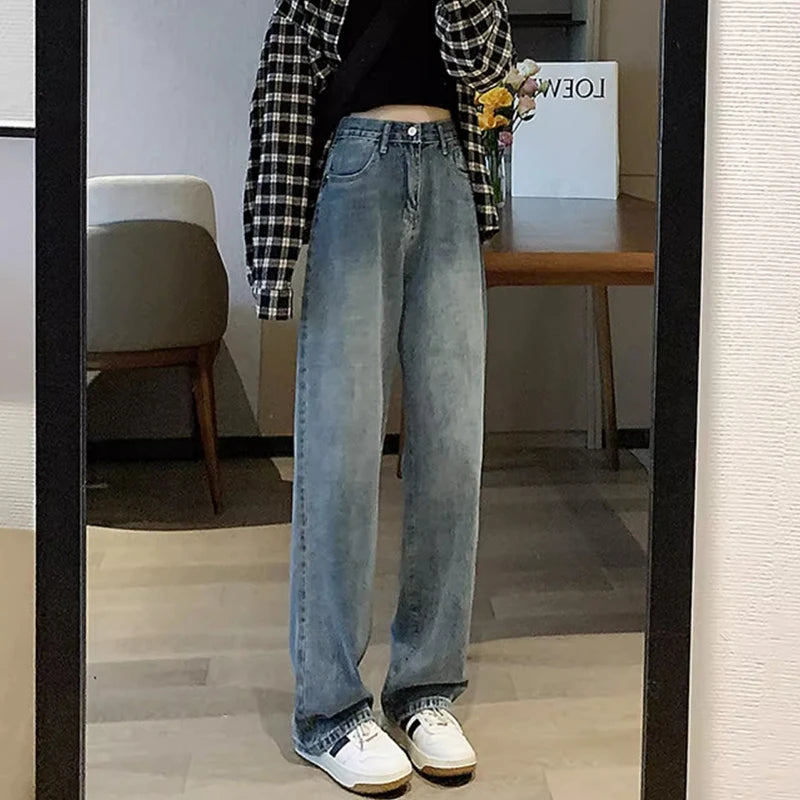 Jean Vintage à jambes larges pour filles, pantalon taille haute, mode féminine, noir, gris, rétro, bleu clair, rose, Denim