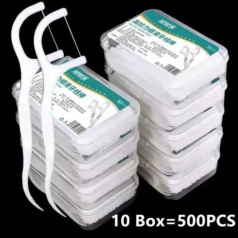 50/100/150/250/500pcs Portable Disposable Dental Floss Plastic Toothpick High-tension Dental Floss Stick Dental Box Oral Care