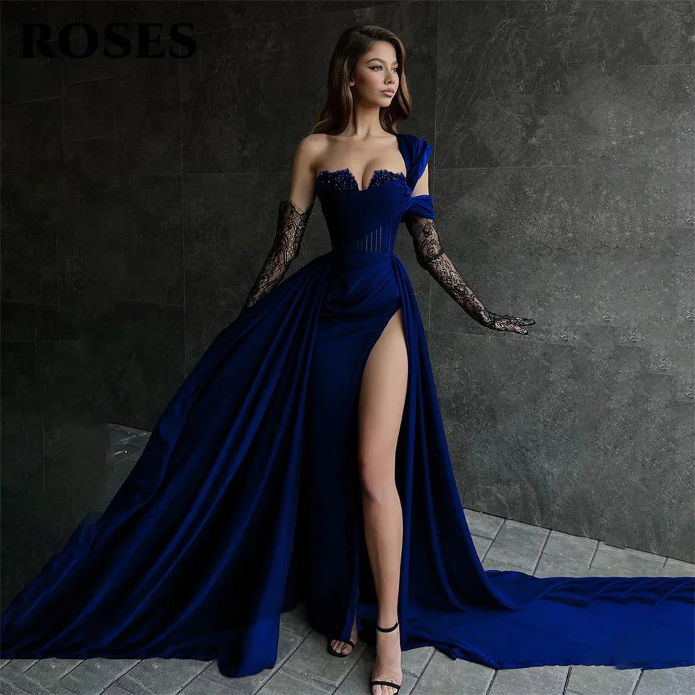 ROSES Robe de soirée sirène fendue sur le côté, robe de bal asymétrique à une épaule, robe de cérémonie à décolleté cœur, personnalisée