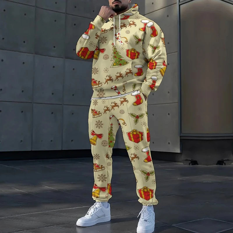 2025 Noël 3D Imprimer Sweat à capuche à manches longues Ensemble Automne Hiver Casual Hommes Deux Pièces Survêtement Mode Lâche Festival Costume De Fête