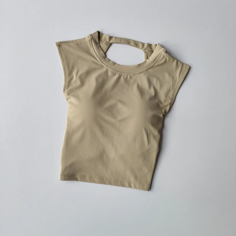T-shirt de sport court, dos nu, avec coussinet de poitrine fixe, gilet moulant pour femmes, haut de yoga sans manches à séchage rapide