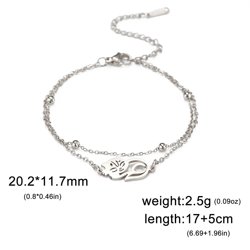 Bracelet Lucktune Chat Mignon en Acier Inoxydable avec Pendentif Animal et Chaîne à Perles - Bijou Tendance Kpop pour Femmes et Hommes - Cadeau Couple