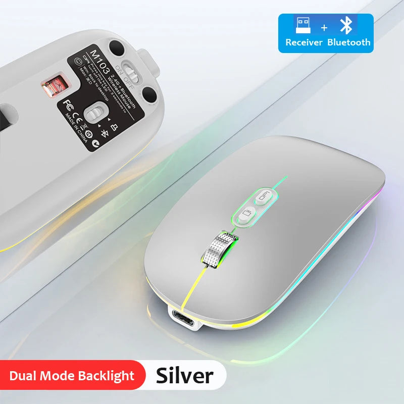 Souris sans fil Bluetooth 2,4 GHz double mode, fonction bureau en un clic, rechargeable USB-C, silencieuse et rétroéclairée, pour ordinateur portable et PC (nouvelle version)