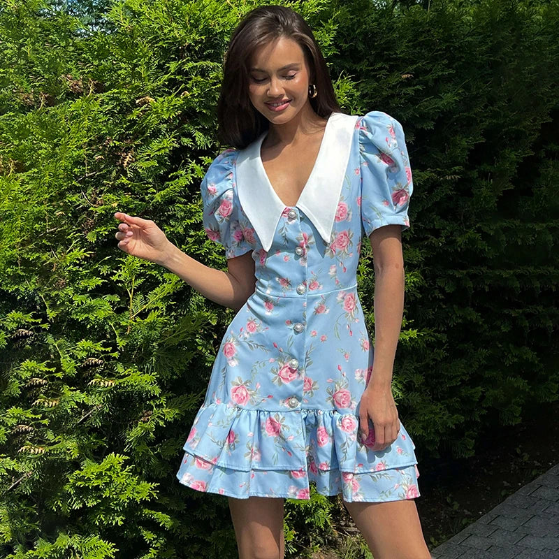Tornova imprimé manches bouffantes robe à volants femmes col en v taille haute perles boutons Mini robe femme décontracté vacances robe de mode