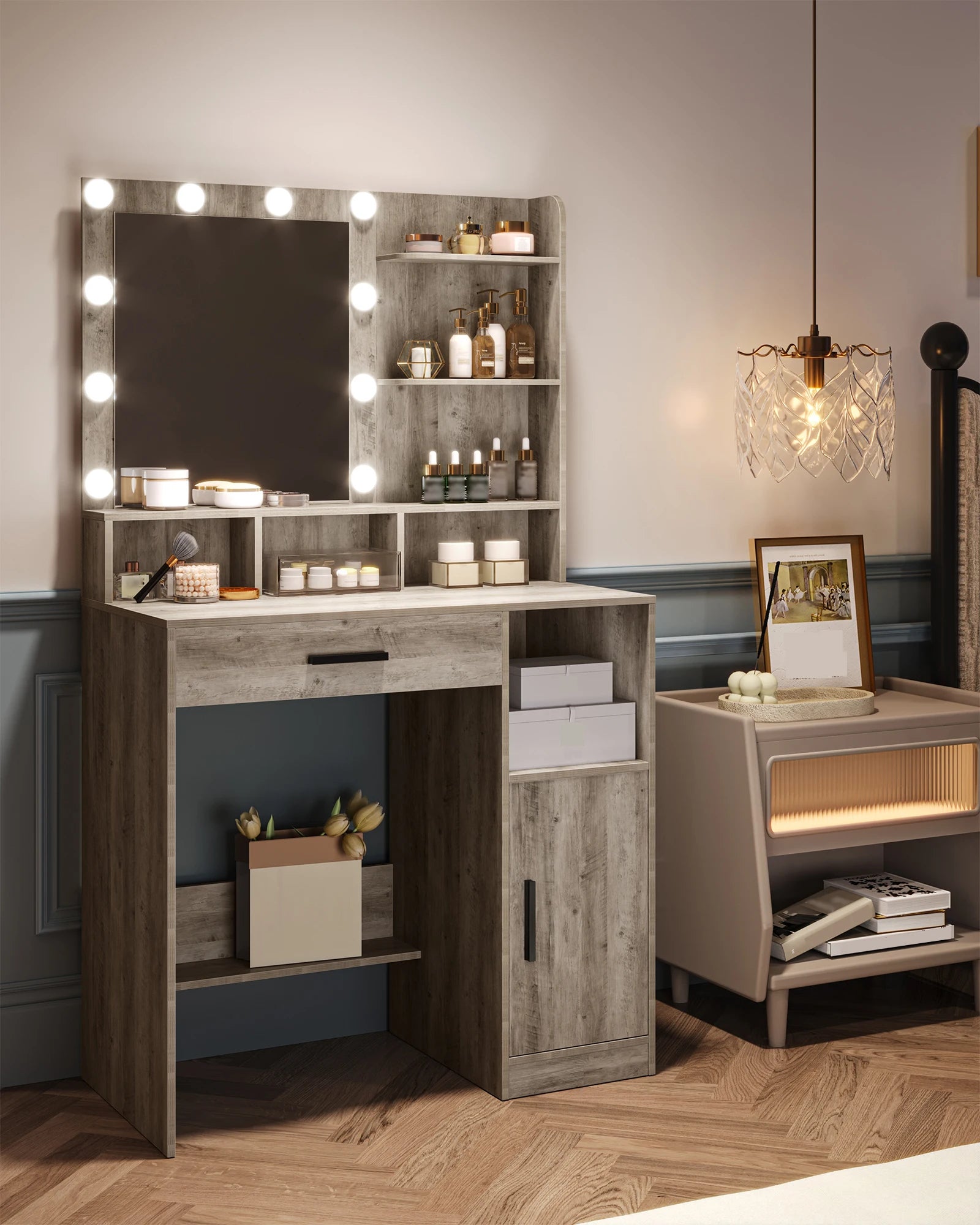 Coiffeuse Hzuaneri avec miroir et 10 lumières LED, meuble-lavabo avec 3 étagères et 4 compartiments ouverts, et grand tiroir
