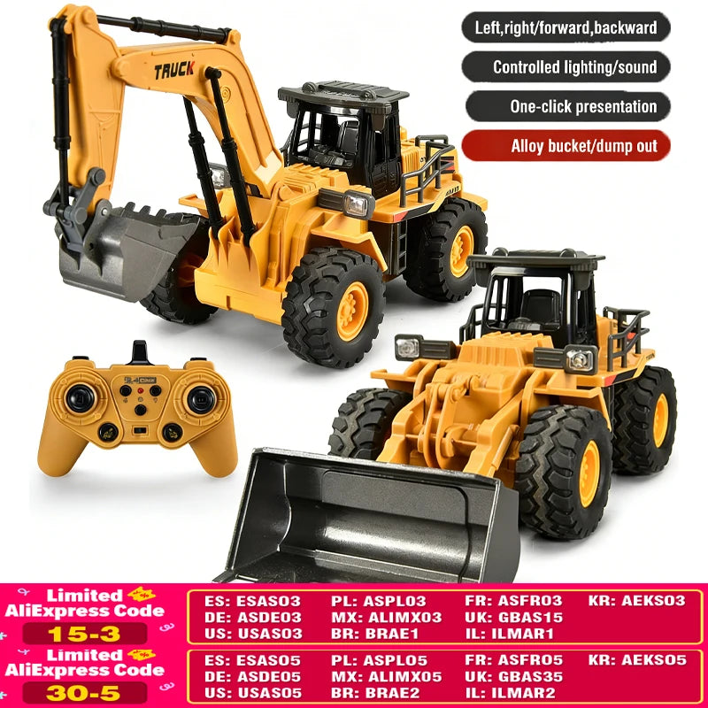 2.4G Alloy Remote Control Excavator Bulldozer Dump Truck Engineering Vehicle Toy 9CH RC Trucks Model Children Toy Kids Xmas Gift