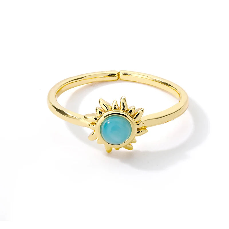Bagues solaires en pierre opale en acier inoxydable pour femmes et hommes, décor étoile solaire, anneaux ouverts couleur or, bijoux esthétiques romantiques, cadeau de Couple