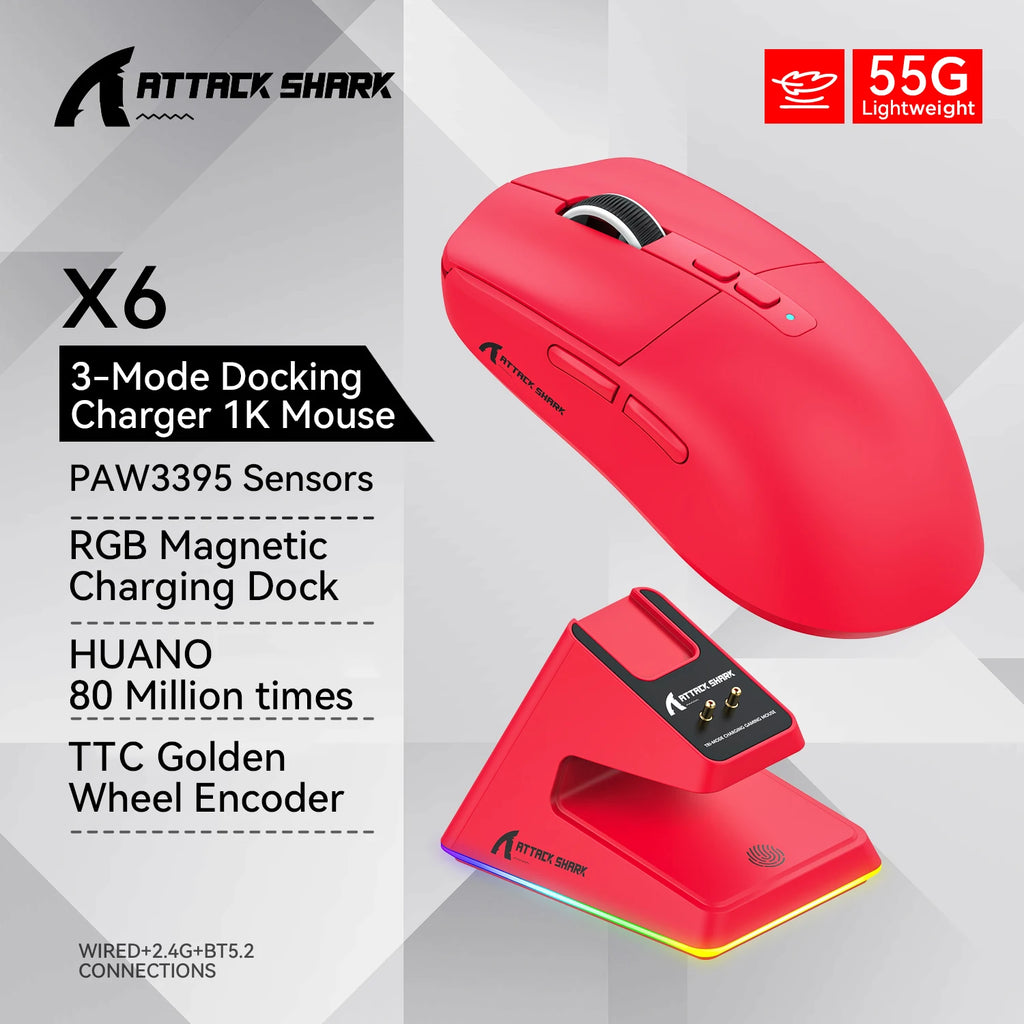 X6 Attack Shark Lightweight Wireless Mouse Up To 26K DPI RGB Backlight Charging Base with Wireless 3 Mode  for Laptop Deskbtop