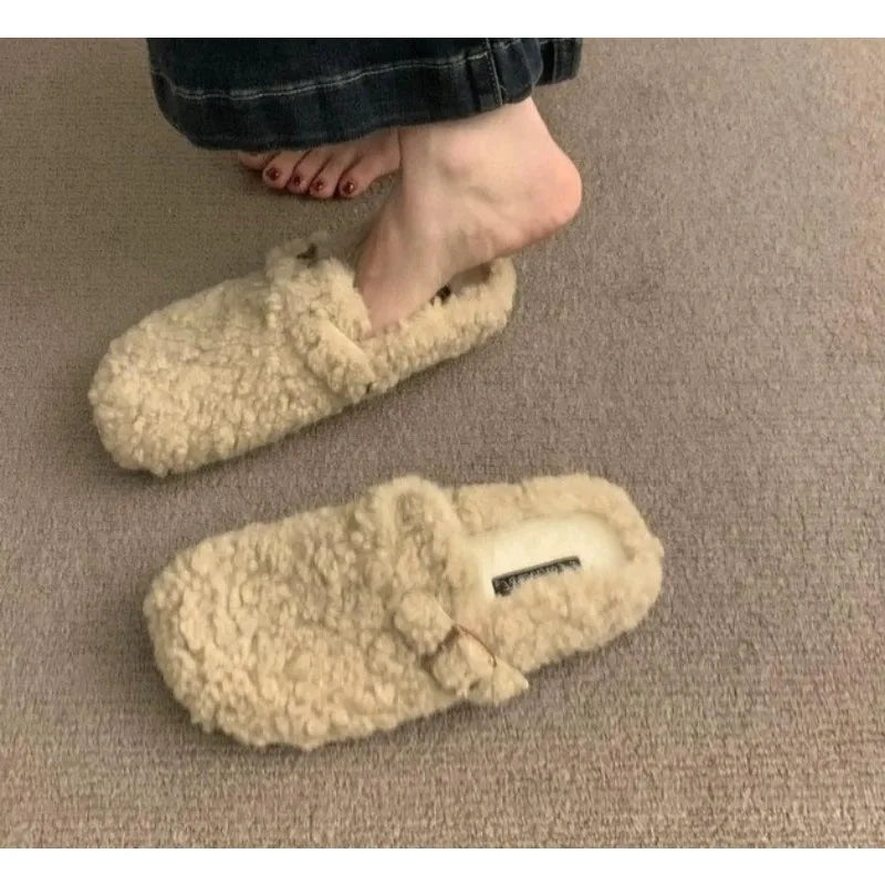Sabots Boston en fourrure pour femmes, tendance hiver, semelle intérieure en liège, pantoufles chaudes et moelleuses avec soutien de la voûte plantaire, mules confortables en daim duveteux pour la maison