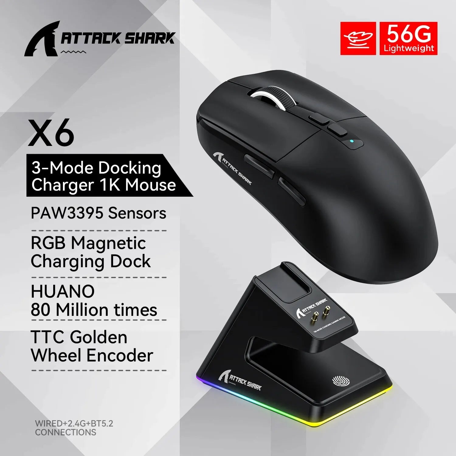 X6 Attack Shark Lightweight Wireless Mouse Up To 26K DPI RGB Backlight Charging Base with Wireless 3 Mode  for Laptop Deskbtop