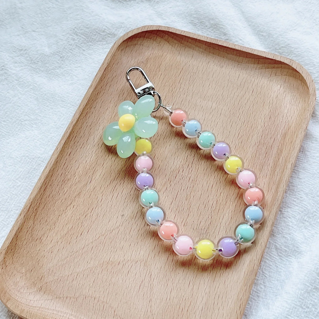 Lanière de téléphone Anti-perte pour clé, pendentif de poignet court, Macaron coloré, perle ronde, chaîne à main pour femmes, lanière de téléphone portable